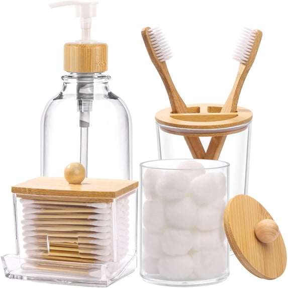 Bamboo Bathroom Accessories Set 4 Pcs - Clear Toothbrush Holder Plastic Soap Dispenser and 2 Qtip Cotton Swab/Pad/Ball Container Jar