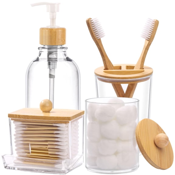 Bamboo Bathroom Accessories Set 4 Pieces, Clear Plastic Soap Dispenser with Toothbrush Holder and 2 Qtip Holder Jars, Bathroom Organizer for Countertop, Vanity, Bathroom Decor, Clear and Bamboo