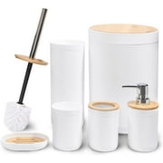 Bamboo Bathroom Accessory Set, 6 Pieces Bath Set- Soap Dish Toothbrush Holder Rinse Cup Lotion Bottle Trash Can Toilet Brush - Practical Toilet Kit for Home Washing Room White