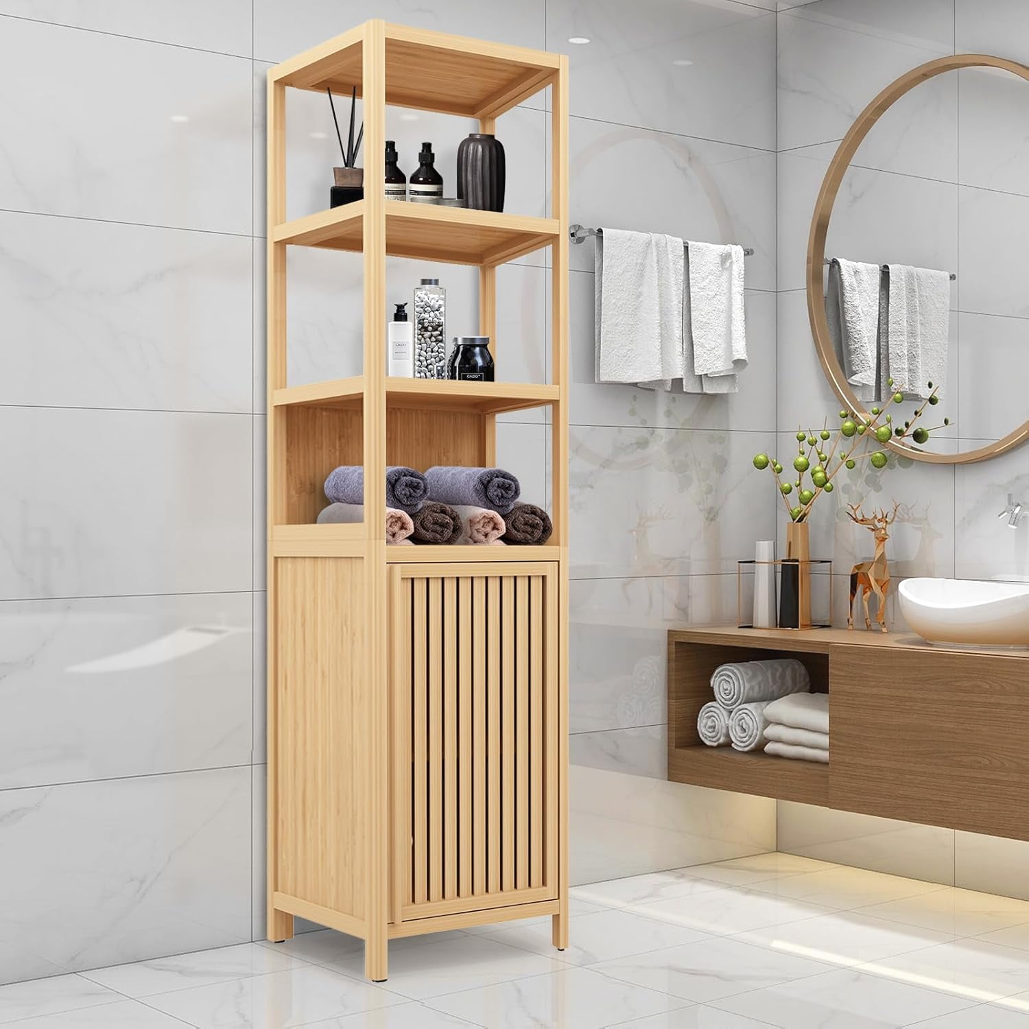Curated visual reference: Picture Idea: Bamboo Bathroom Cabinet Freestanding Bamboo Storage Cabinet With Door