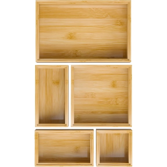 Bamboo Bathroom Drawer Organizer Dividers, Wooden Kitchen Utensil Holder Set of 5, Stackable Junk Drawer Organizer Tray, Multi-Use Storage Bins Boxs for Home, Office, Clothing, Makeup, Jewelry