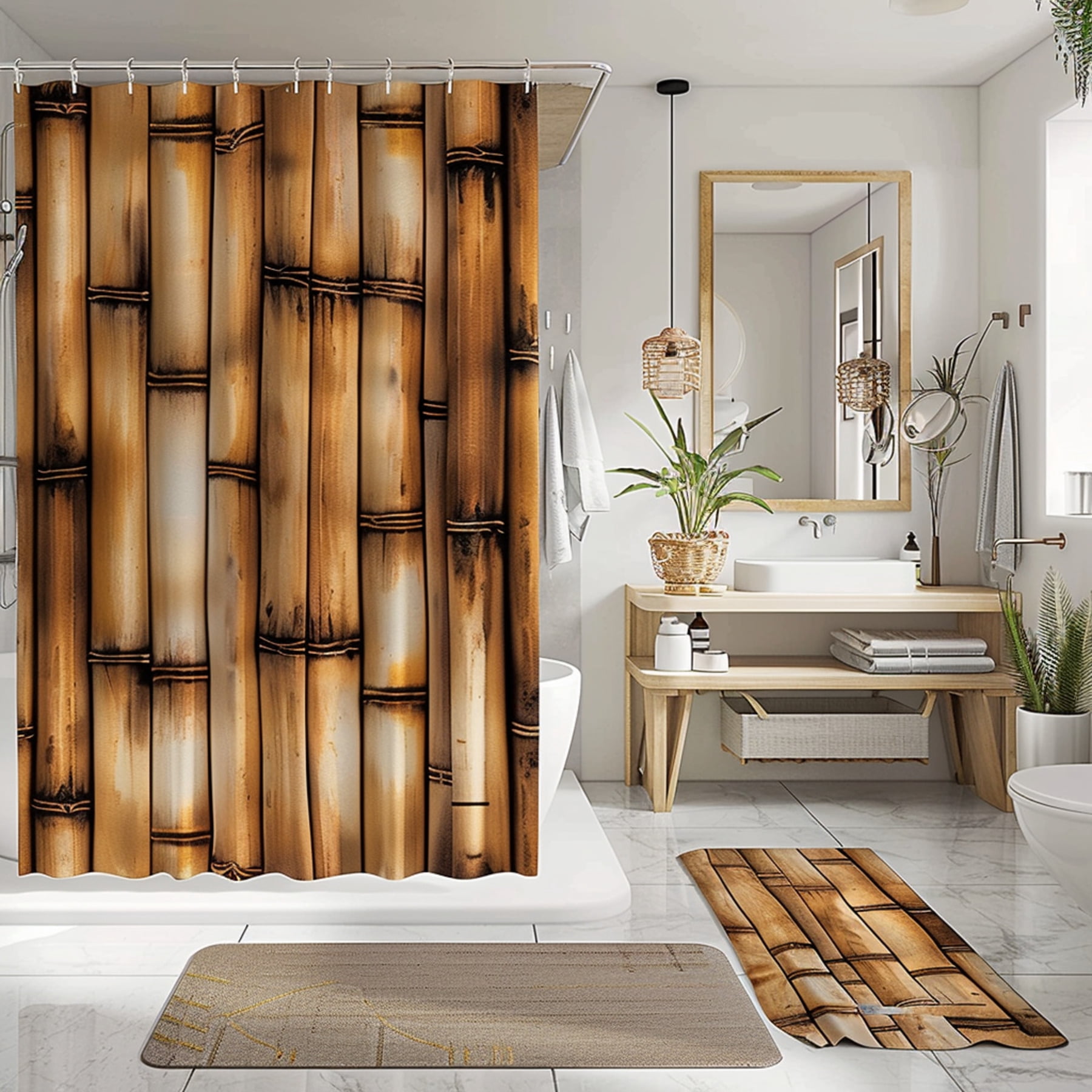 Bamboo Bathroom Set: Shower Curtain & with Bamboo Pattern White Wall