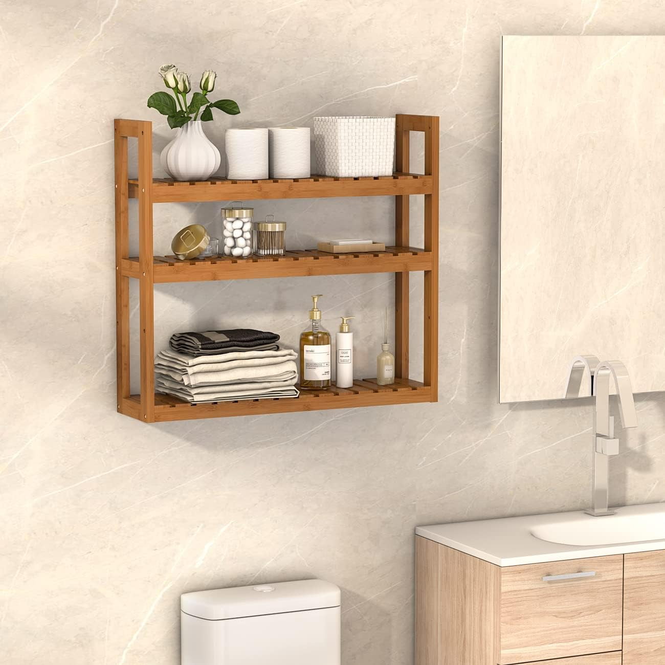 Bamboo Bathroom Shelf 3Tier Wall Mount Storage Rack Multifunctional