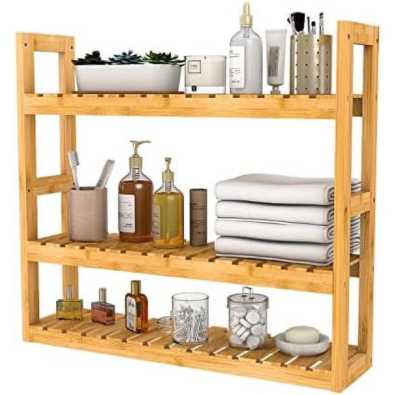 Bamboo Bathroom Shelf 3-Tier Wall Mount Storage Rack Multifunctional Adjustable Layer Free Standing Over Toilet Utility Shelves Living Room Kitchen (Bamboo)