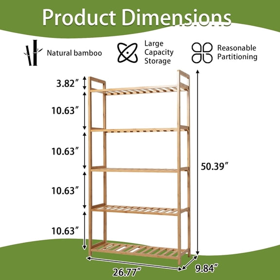 Bamboo Bathroom Shelf Organizer, 5 Tier Wooden Bathroom Rack with Adjustable Shelves, Free Standing Shelving Unit Open Bookcase Plant Shelf Indoor, 50" Storage Shelves for Kitchen Living Room