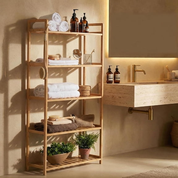 Bamboo Bathroom Shelf Organizer, 5 Tier Wooden Bathroom Rack with Adjustable Shelves, Free Standing Shelving Unit Open Bookcase Plant Shelf Indoor, 50" Storage Shelves for Kitchen Living Room