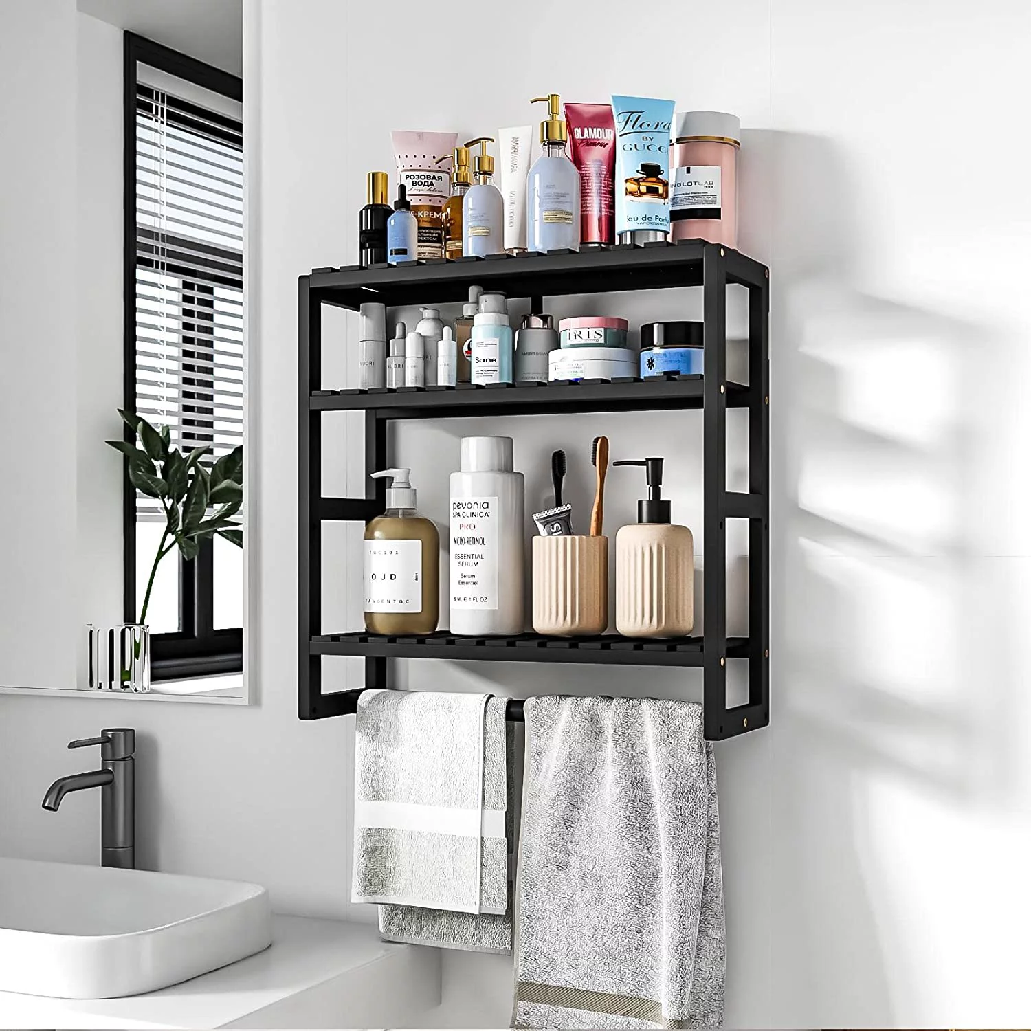 Bamboo Bathroom Shelves Organizer Shelves for Storage Black Adjustable 3 Tiers Floating Shelf ...