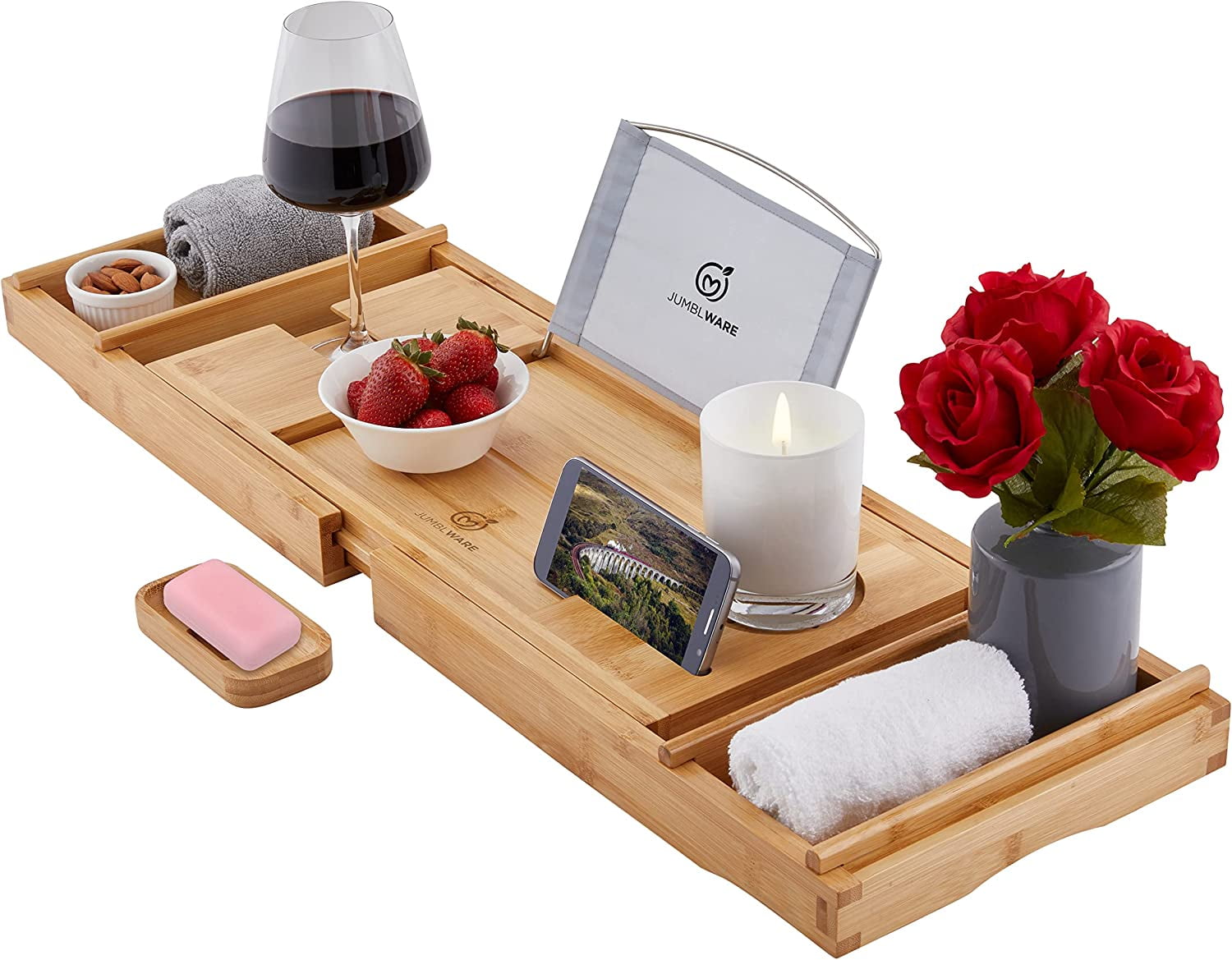 Bamboo Bathtub Caddy - Luxury Bath Tray with Handles, Book Rack, Wine ...