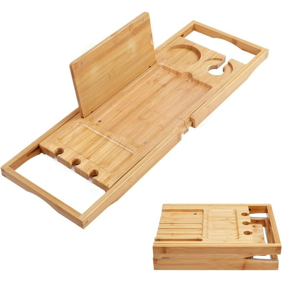 Bamboo Bathtub Caddy Tray Bath Tray for Tub, Adjustable Bathroom Bathtub Organizer with Book Tablet Wine Glass Cup Towel Holder (24.5"-37.4")