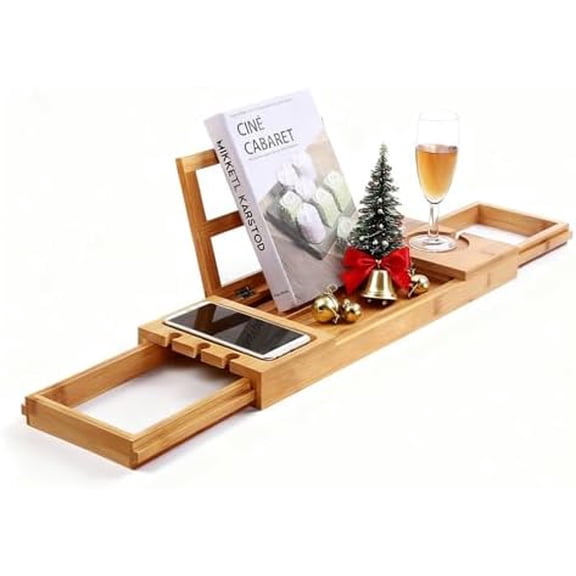 Bamboo Bathtub Caddy Tray Bath Tray for Tub, Adjustable Bathroom Bathtub Organizer with Book Tablet Wine Glass Cup Towel Holder