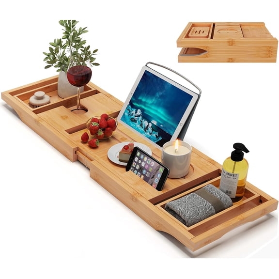 Bamboo Bathtub Caddy Tray Expandable for Luxury Bath, Bath Accessories & Table with Wine Glass Holder, Book Stand Bathroom Organizer Extending Sides Men/Women,Natural