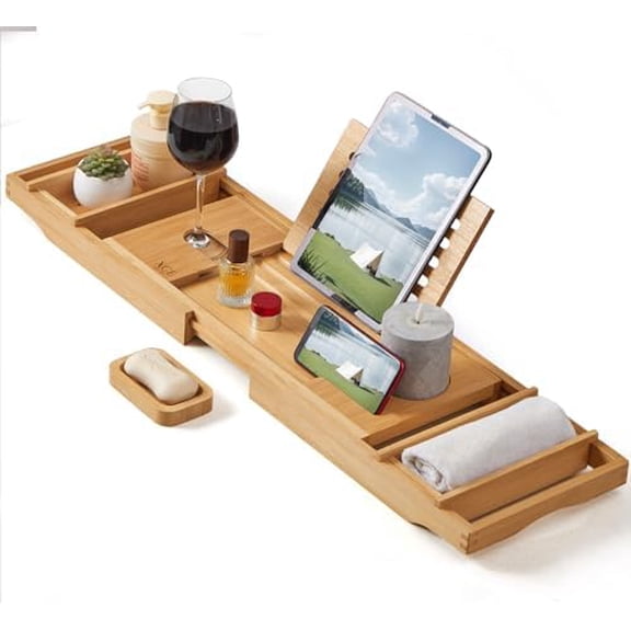 Bamboo Bathtub Caddy Tray - Expandable to 41 Inches with Book Stand, Soap Holder & Anti-Slip Pads for Luxury Bath Spa, Natural