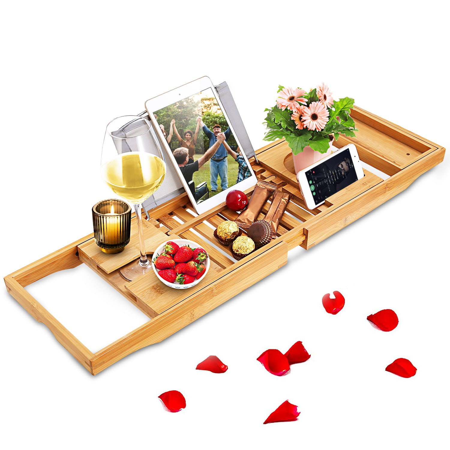 Bathtub Caddy, iMounTEK Bamboo Bath Tray, Extendable Tub Organizer Holder  for Tablet, Book, Phone, Wine Glass, Candles, and Soap