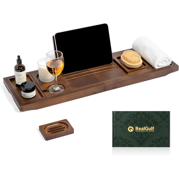 Bamboo Bathtub Tray, Bath Caddy with Wine Glass Holder, Phone Dock & Book Stand | Hands-Free Reading & Ultimate Spa Relaxation Experience-Brown