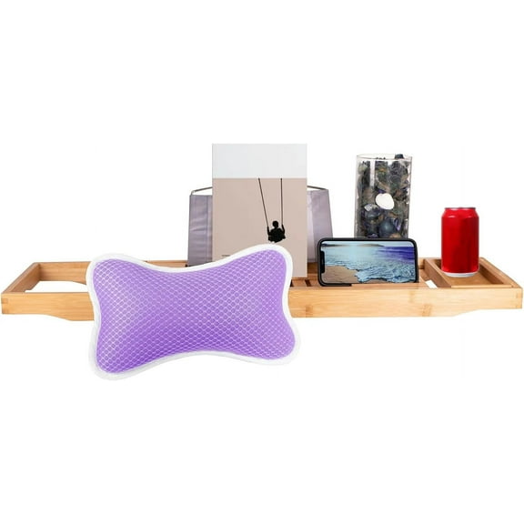 Bamboo Bathtub Tray, Bath Pillow - Adjustable Bathroom Caddy Tray for Wine Glass, Phone, Candle, Tablet, Luxury Bathtub Accessories, House Warming Gifts New Home