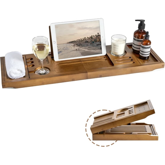 Bamboo Bathtub Tray Caddy  Adjustable Splash-Proof Rectangular Tray (28.540") with Wine Glass Holder, Tablet Stand, Non-Slip Base, and Removable Organizers