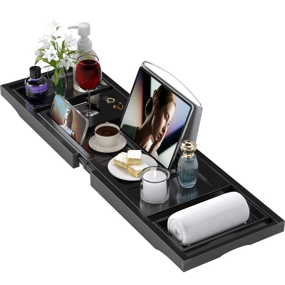 Bamboo Bathtub Tray Caddy, Expandable Bath Trays for Tub,Shelf & Table with Wine Glass Holder,Bathroom Accessories for New Home & Mothers Day & Birthday Gifts for Mom