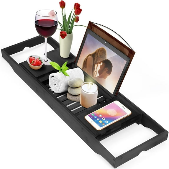 Bamboo Bathtub Tray - Perfect Expandable Bathtub Caddy with Reading Rack or Tablet Holder, This Premium Bath Tray Includes a Wine Glass Holder (Black)