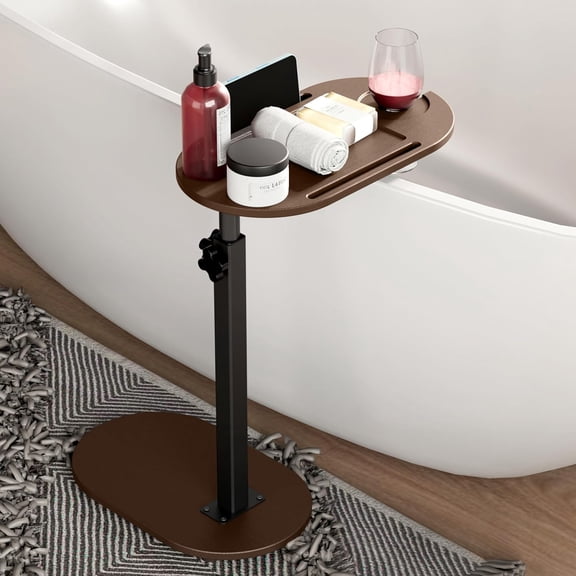 Bamboo Bathtub Tray Table with Adjustable Height, Compact Freestanding Bath Caddy for Wall-Adjacent Tubs, Includes Wine Glass and Phone Holder (Brown)