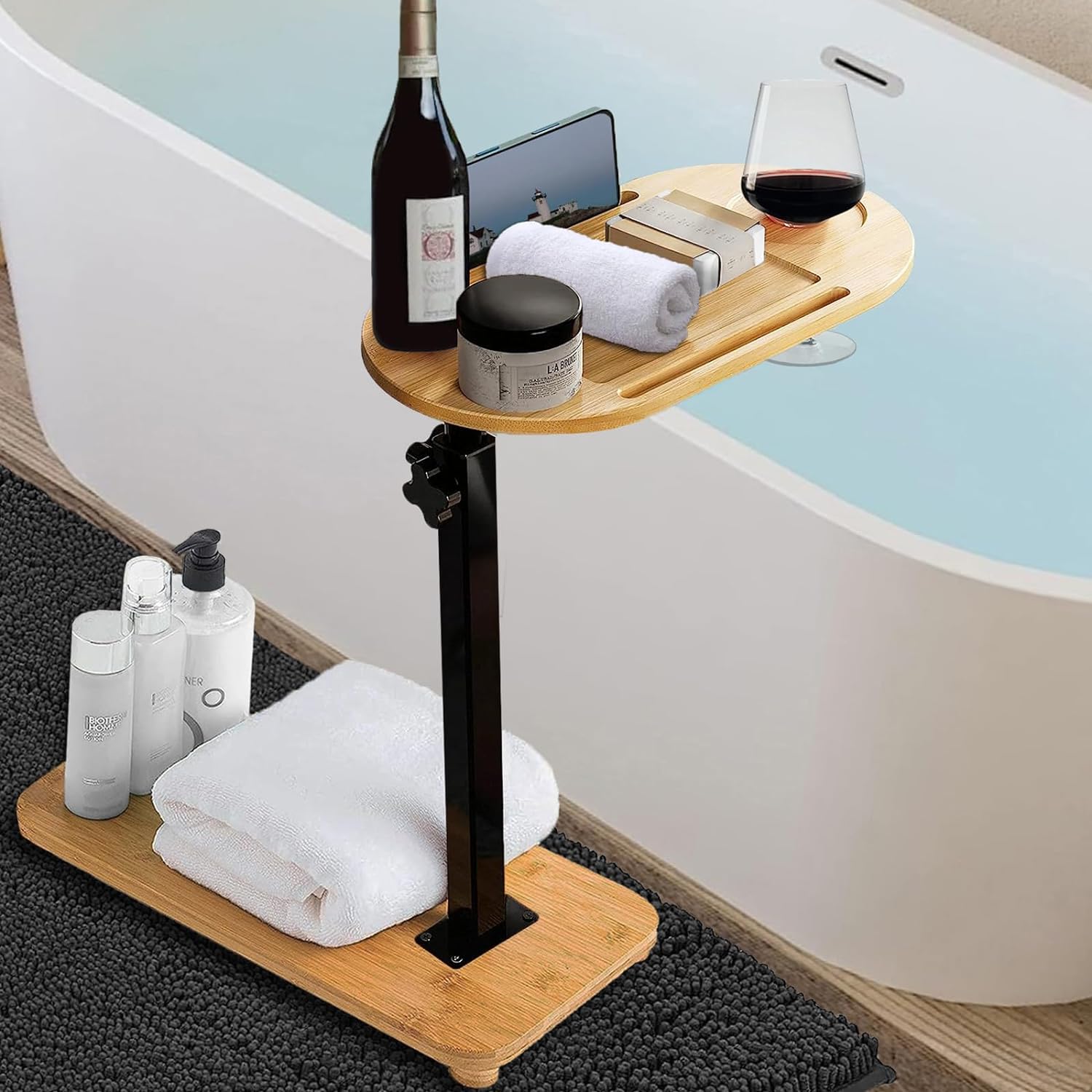 Bamboo Bathtub Tray Table with Adjustable Height, Enhanced Stability