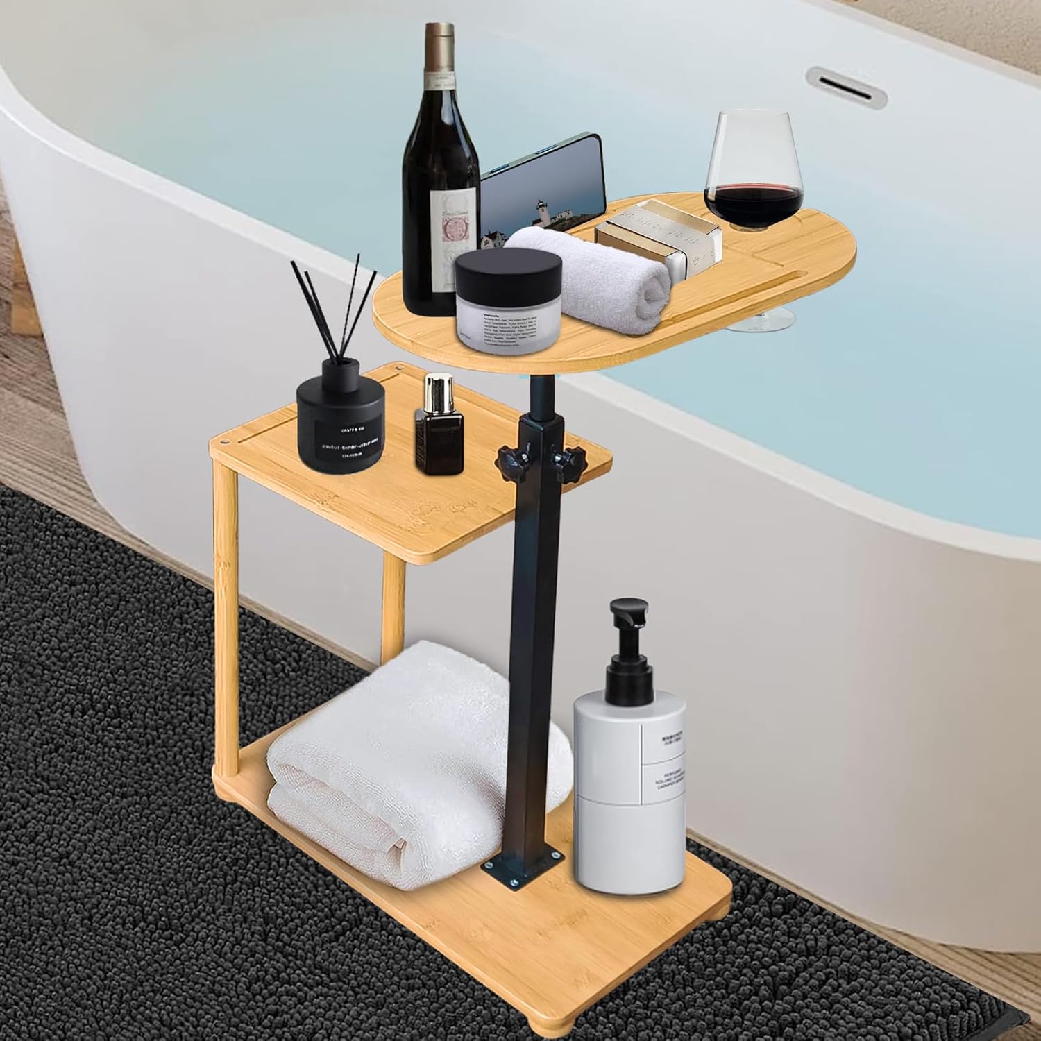 Bamboo Bathtub Tray Table with Adjustable Height, Enhanced Stability
