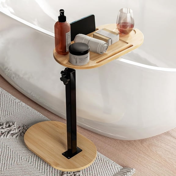 Bamboo Bathtub Tray Table with Adjustable Height, Freestanding Wall-Mount Bath Caddy for Adult Use, Natural Finish
