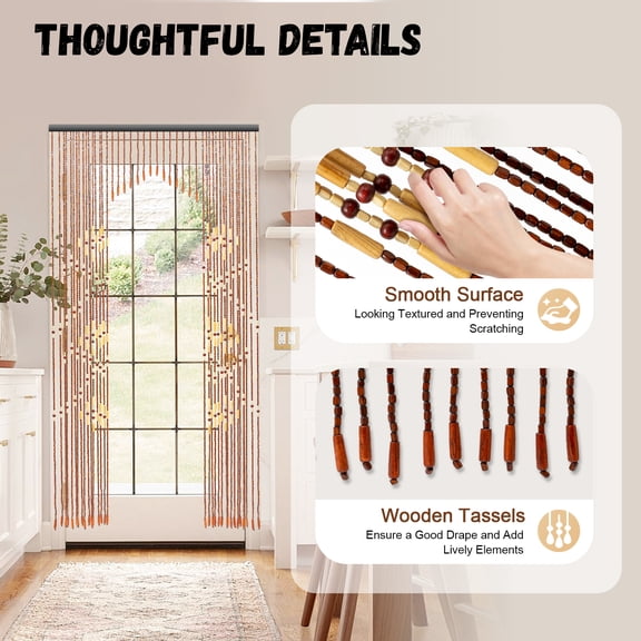 Bamboo Bead Curtain Doorway Window Door Screen Patio Porch Room Divider 32Line for Bedroom or Kitchen Doors