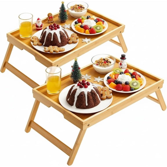Bamboo Bed Breakfast Tray with Foldable Legs, Handles, Ideal for Kids, Couples, Sofa, Eating, Working, Used As Laptop Desk Snack Table - 2 Pack