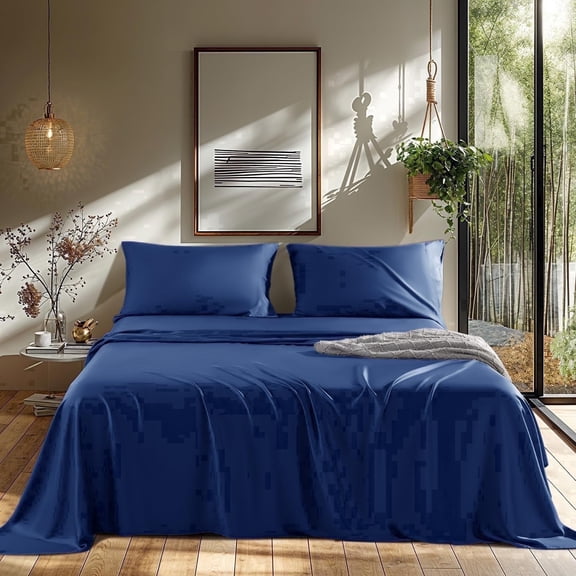 Generic 3 Piece 100% Organic Bamboo Fiber Blue Solid Color Bamboo Fiber Bed Sheet Set, Queen - Breathable, Deep Pocket, Cooling