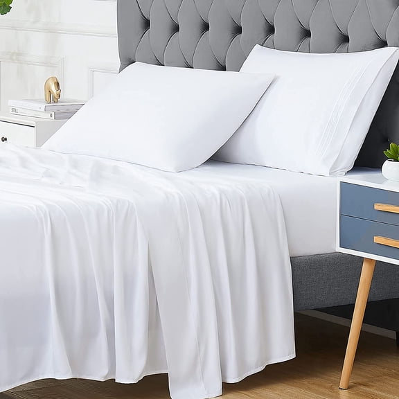 Bamboo Bed Sheets Set King Size, Cool Sheets for Hot Sleepers, Super Soft, Smooth and Breathable Bed Sheets with 16" Deep Pocket, 4 Piece Bedding Sheet and Pillowcases (White, King)
