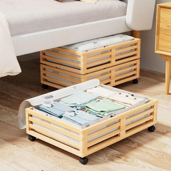 Bamboo Under Bed Storage Containers Underbed Organizer With Wheels With Large Capacity Dust BagSturdy Wood Rolling Under Bed Shoe Storage Organizer 2 Packs Nature 2 Packs (23.62*16.54 )