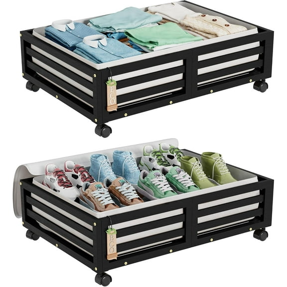 Bamboo Under Bed Storage Containers- Underbed Organizer with Wheels with Large Dust Bag,Sturdy Wood Rolling Under the Bed Shoe Storage Organizer Drawer 2 Pack