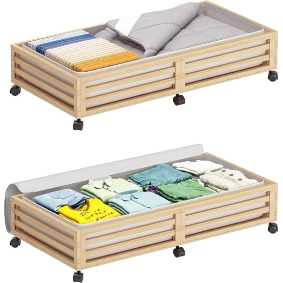 Under Bed Storage Containers- Underbed Organizer with Wheels with Large Dust Bag,Sturdy Wood Rolling Under the Bed Shoe Storage Organizer Drawer 2 Packs (Nature, Long)