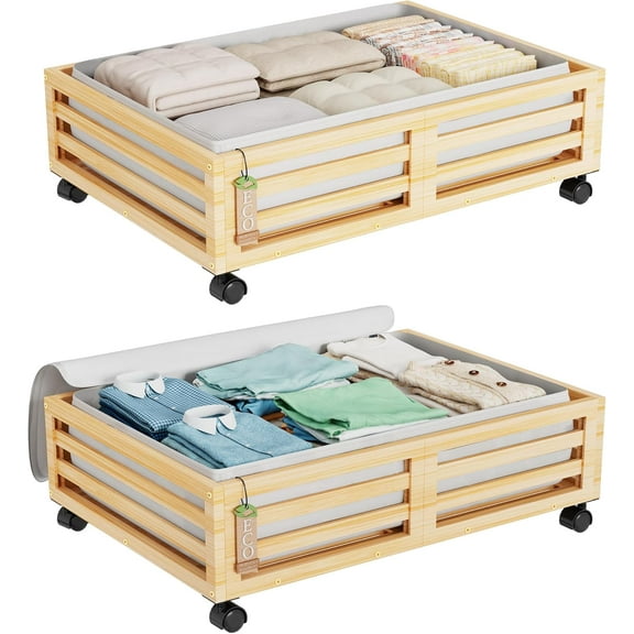 Bamboo Under Bed Storage Containers- Underbed Organizer with Wheels with Large Dust Bag,Sturdy Wood Rolling Under the Bed Shoe Storage Organizer Drawer 2 Packs (Nature, Small)