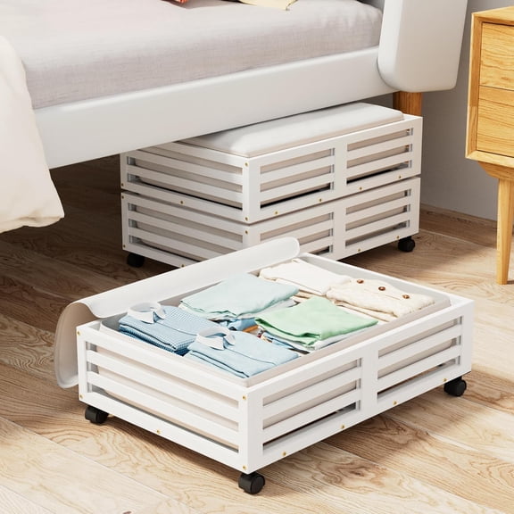 Bamboo Under Bed Storage Containers - Underbed Organizer with Wheels with Large Dust Bag, Sturdy Wood Rolling Under the Bed Shoe Storage Organizer Drawer 2 Packs (White, Small)