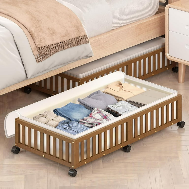 Bamboo Under Bed Storage Containers with Wheels, Pack Large