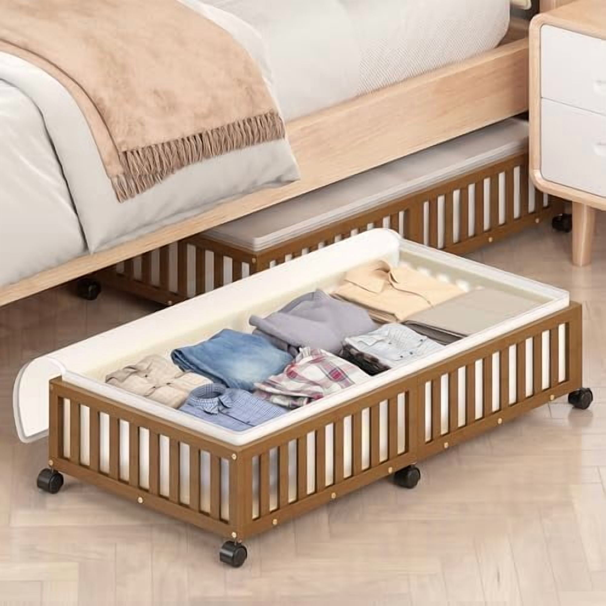 Crib Containers Bamboo Under Bed Storage Containers with Wheels, Rolling Under the Bed ...