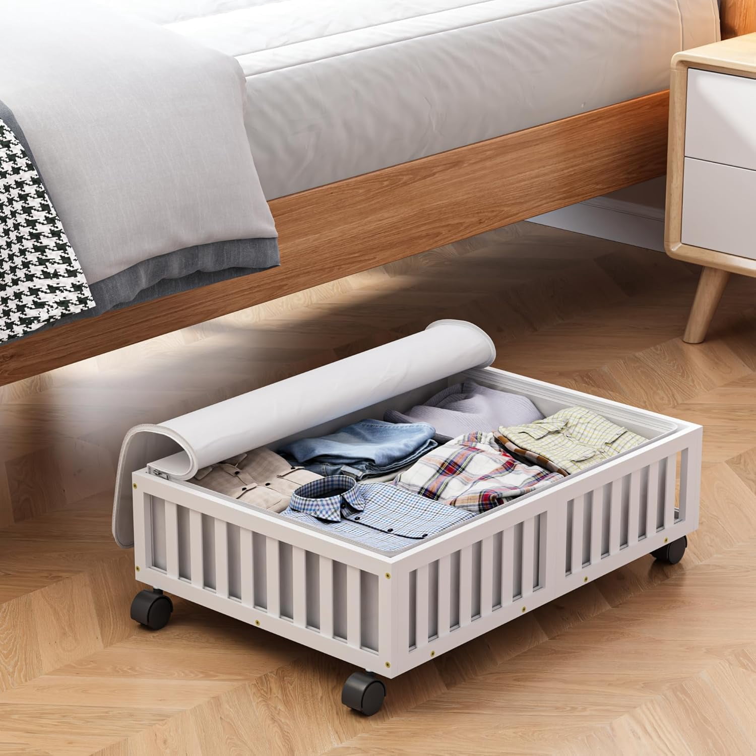 Bamboo Under Bed Storage Containers with Wheels, Rolling Under the Bed ...