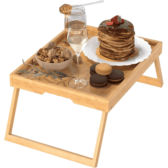 Bamboo Bed Tray Table with Foldable Legs, Breakfast in Bed Tray for Eating, Kitchen Serving Trays, Folding Table for Sofa, Beds, Eating, Working, Used As Laptop Desk Snack Trays, Brown