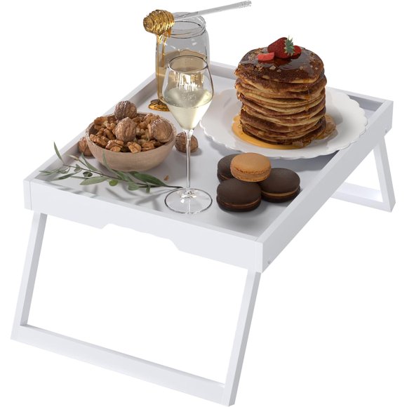 Bamboo Bed Tray Table with Foldable Legs, Breakfast in Bed Tray for Eating, Kitchen Serving Trays, Folding Table for Sofa, Beds, Eating, Working, Used As Laptop Desk Snack Trays, White