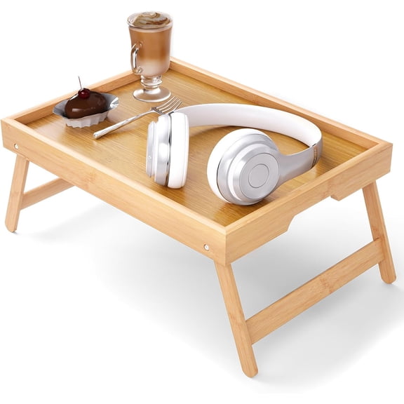 Bamboo Bed Tray Table with Foldable Legs Breakfast Tray, Lightweight Laptop Desk for Eating, Reading, Working in Bed or Sofa  Portable Lap Desk with Handles, Perfect for Home - Natural