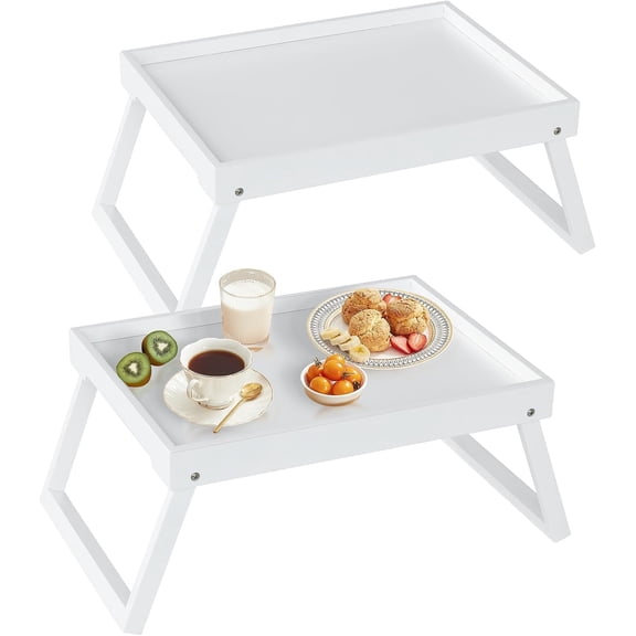 Bamboo Bed Tray Table with Folding Leg, Breakfast in Bed Tray for Kitchen,Eating,TV Table, Laptop Computer,Snack,Sofa or Working, Laptop Desk, 2 Pack(White)