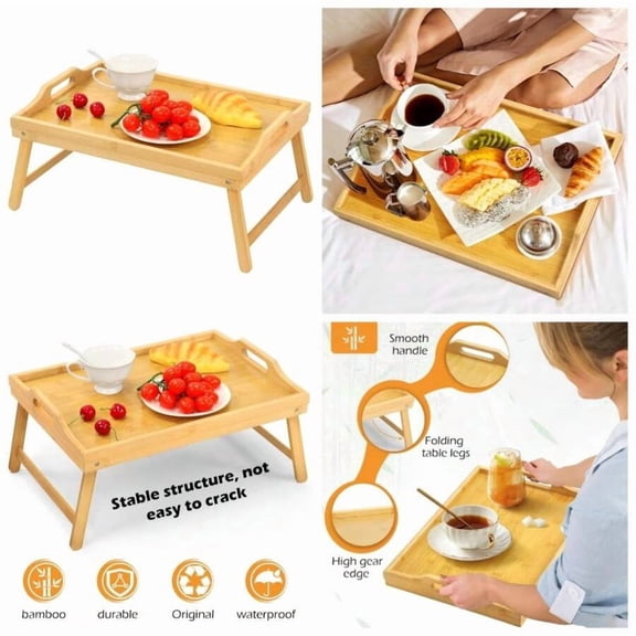 Bamboo Bed Tray Table, Folding Legs And Handles, Breakfast Tray, Laptop Desk For Bed Or Sofa, Serving Tray For Eating, Working, Reading,Picnic