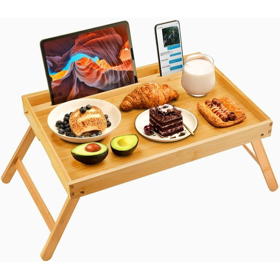 Bamboo Bed Tray Table, Large Breakfast - 21.7x14 Inch with Folding Legs, Multipurpose Serving Use As Portable Laptop Tray, Snack Platter for Working, Eating, Reading by