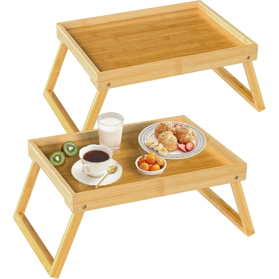 Bamboo Bed Tray Table with Folding Leg, Breakfast in Bed Tray for Eating,TV Table, Laptop Computer,Snack,Sofa or Working, Laptop Desk,2 Pack(Beige)