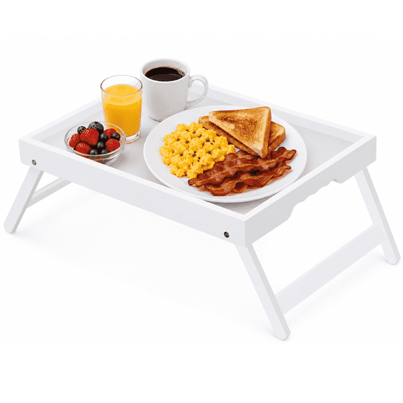 Artmeer Bamboo Bed Tray Table with Folding Legs, Breakfast in Bed Serving Tray, Laptop Desk for Sofa, Beds and Snacks (White)
