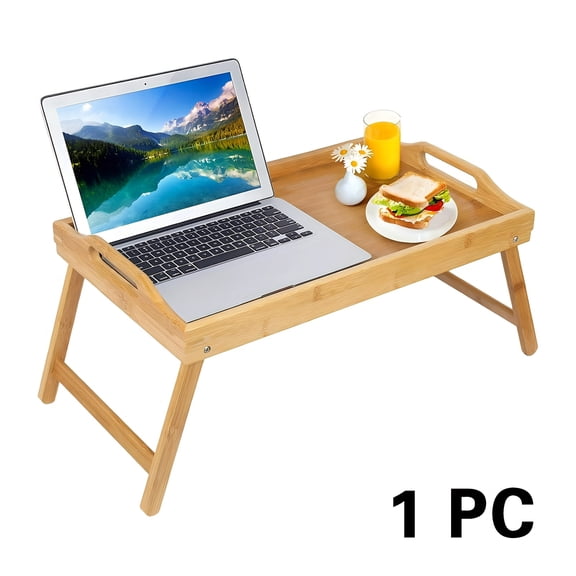 Bamboo Bed Tray Table with Folding Legs and Handles, 19.32 x 11.83 Inch Breakfast Tray for Bed Sofa, Snack Working Serving Tray, Half Pack