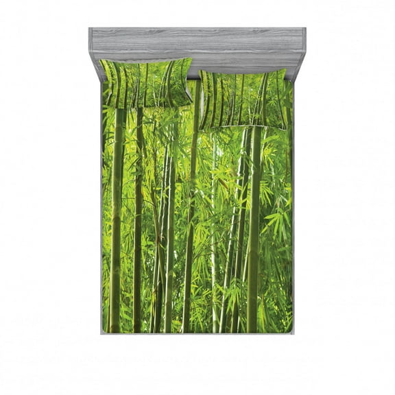 Bamboo Bedding Set with Sheet & Covers, Exotic Tropical Asian Forest Fresh Color Nature Wild Trees and Leaves Print, Printed Bedroom Decor 2 Shams, 4 Sizes, Green, by Ambesonne