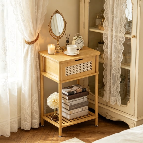 Bamboo Bedroom Nightstand, 2-Tier End Table, Bamboo Bedside Table, Boho Narrow Side Table with Storage Drawer, Boho Small Dresser, Mini Sofa Table, Night Stand for Bed Side, Home Decor Furniture