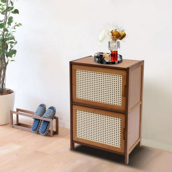 Bamboo Bedside Table 2 Tier Nightstand 2 Drawer Shelf Rack Nightstand F/ Bedroom